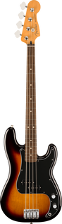 The image shows a Fender electric bass guitar, likely a Precision Bass model, with a sunburst body, classic maple headstock bearing the Fender logo, and four chrome tuning pegs with white buttons. It features a maple neck with a dark fretboard, white dot fret markers, a black pickguard with pickups, white control knobs, chrome bridge hardware, and four strings. This iconic design has been central to many music genres since the 1950s.