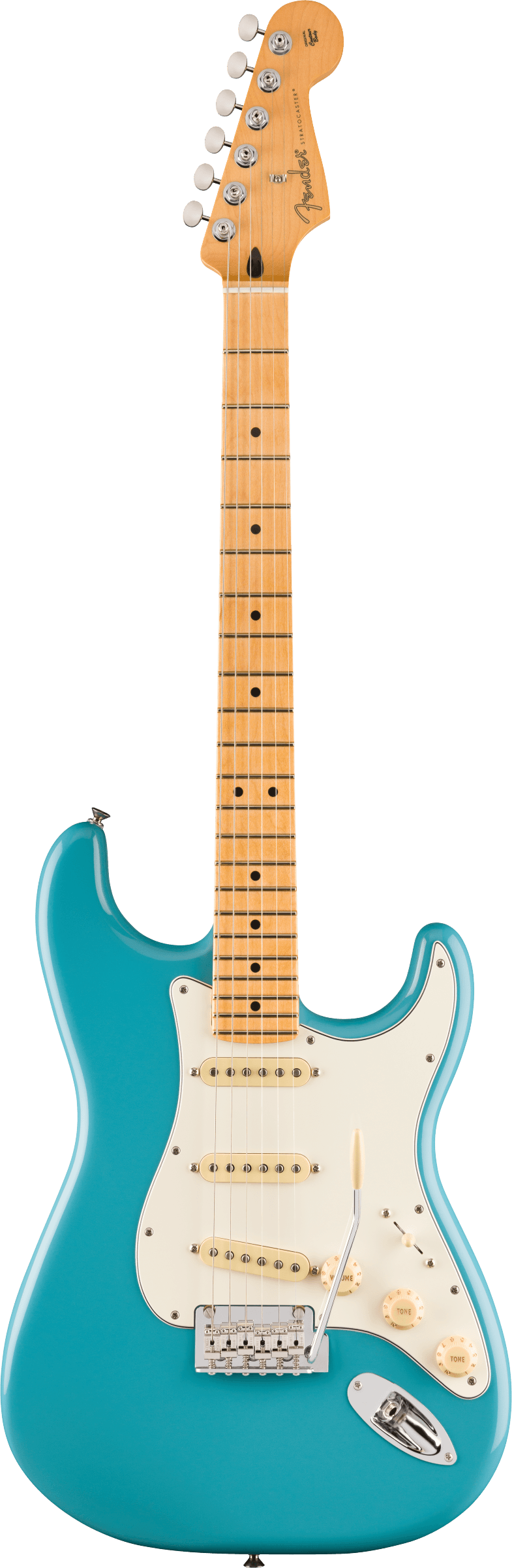 The image shows a Fender Stratocaster electric guitar with a turquoise blue solid body and classic double-cutaway shape. It has a white pickguard, three single-coil pickups with white covers, chrome hardware, a tremolo bridge, and standard controls. The maple neck features dot inlays and a natural finish, topped with the iconic Fender headstock and six chrome tuning pegs with the Fender logo.