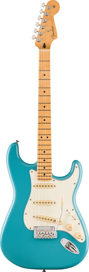 The image shows a Fender Stratocaster electric guitar with a turquoise blue solid body and classic double-cutaway shape. It has a white pickguard, three single-coil pickups with white covers, chrome hardware, a tremolo bridge, and standard controls. The maple neck features dot inlays and a natural finish, topped with the iconic Fender headstock and six chrome tuning pegs with the Fender logo.