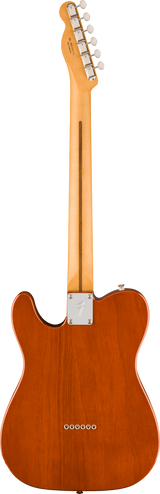 The image shows the back of a Telecaster-style electric guitar with a translucent amber finish highlighting the natural wood grain. It features a classic single cutaway body, chrome tuning pegs aligned on the headstock, a metal neck plate with a logo, and string ferrules at the body’s rear. The bolt-on maple neck and high-quality craftsmanship reflect a professional-grade, glossy finish typical of this versatile guitar style.