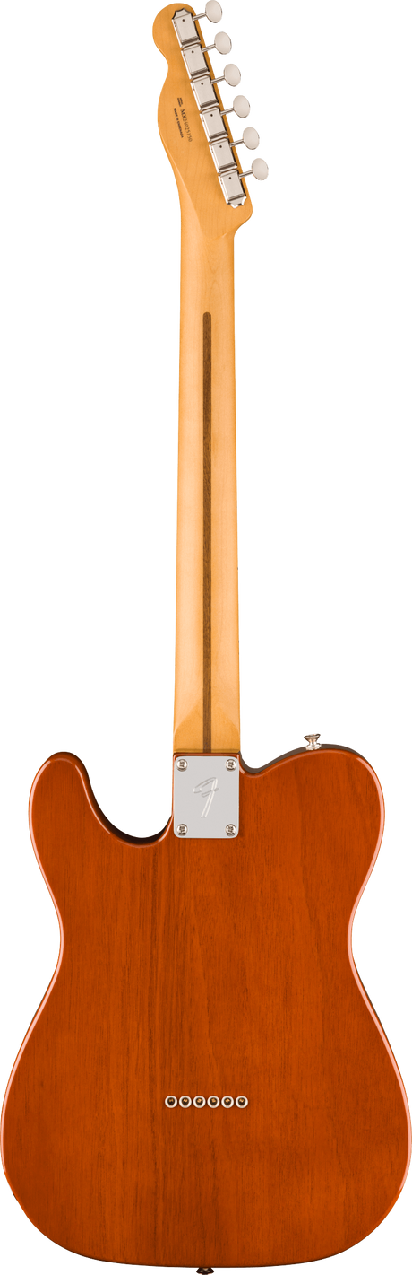 The image shows the back of a Telecaster-style electric guitar with a translucent amber finish highlighting the natural wood grain. It features a classic single cutaway body, chrome tuning pegs aligned on the headstock, a metal neck plate with a logo, and string ferrules at the body’s rear. The bolt-on maple neck and high-quality craftsmanship reflect a professional-grade, glossy finish typical of this versatile guitar style.