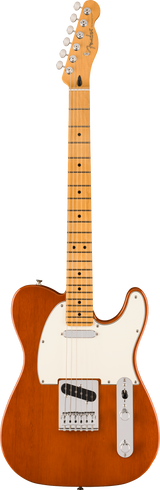 The image shows a Fender Telecaster electric guitar with a classic single cutaway body and orange/amber burst finish. It features a cream pickguard, chrome tuning pegs, two single-coil pickups, a traditional bridge, volume and tone knobs, and a three-way selector switch. The maple neck has dot fret markers and the Fender logo on the headstock, showcasing an iconic American guitar design known for its bright tone.