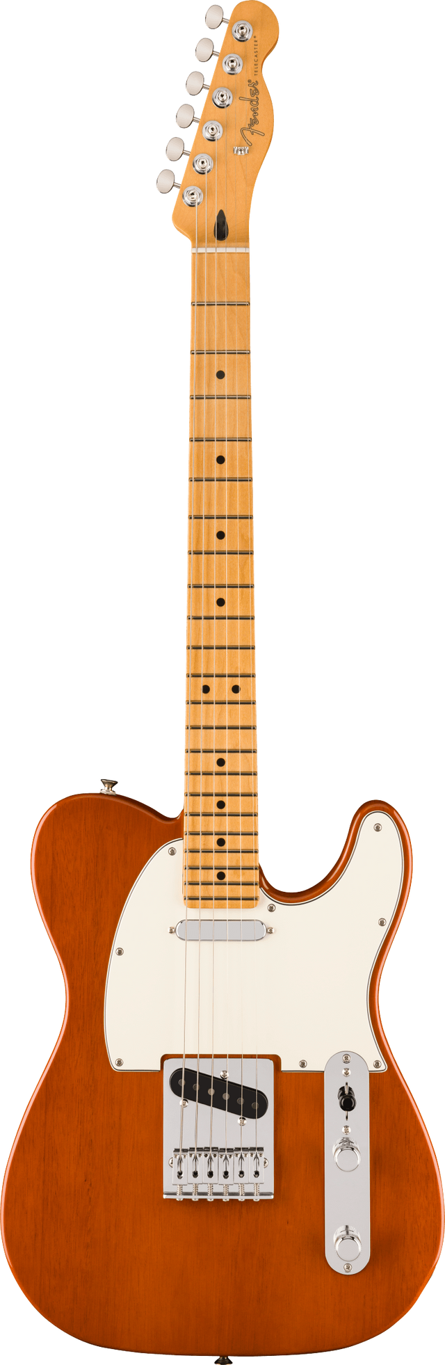 The image shows a Fender Telecaster electric guitar with a classic single cutaway body and orange/amber burst finish. It features a cream pickguard, chrome tuning pegs, two single-coil pickups, a traditional bridge, volume and tone knobs, and a three-way selector switch. The maple neck has dot fret markers and the Fender logo on the headstock, showcasing an iconic American guitar design known for its bright tone.
