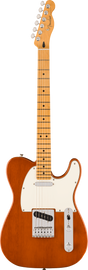 The image shows a Fender Telecaster electric guitar with a classic single cutaway body and orange/amber burst finish. It features a cream pickguard, chrome tuning pegs, two single-coil pickups, a traditional bridge, volume and tone knobs, and a three-way selector switch. The maple neck has dot fret markers and the Fender logo on the headstock, showcasing an iconic American guitar design known for its bright tone.