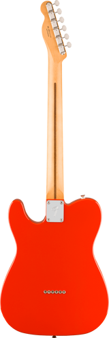 The image shows the back of a Fender Telecaster-style electric guitar with a bright orange/red solid body and classic single cutaway shape. It features a natural maple neck and headstock with six tuning pegs, chrome hardware, a rectangular metal neck plate, and a string-through-body design with six holes. The bolt-on neck and glossy finish highlight this iconic, versatile guitar style.