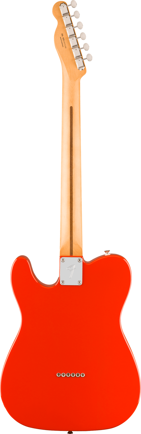 The image shows the back of a Fender Telecaster-style electric guitar with a bright orange/red solid body and classic single cutaway shape. It features a natural maple neck and headstock with six tuning pegs, chrome hardware, a rectangular metal neck plate, and a string-through-body design with six holes. The bolt-on neck and glossy finish highlight this iconic, versatile guitar style.