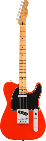 The image shows a Fender Telecaster-style electric guitar with a bright orange/red single-cutaway body, black pickguard, maple neck and fretboard with black dot inlays, chrome hardware, two single-coil pickups, traditional volume and tone controls, six strings, and a "Fender" logo on the headstock. This classic model is known for its bright, versatile tone popular in many music genres since the 1950s.