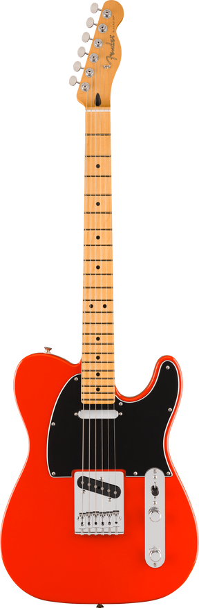The image shows a Fender Telecaster-style electric guitar with a bright orange/red single-cutaway body, black pickguard, maple neck and fretboard with black dot inlays, chrome hardware, two single-coil pickups, traditional volume and tone controls, six strings, and a "Fender" logo on the headstock. This classic model is known for its bright, versatile tone popular in many music genres since the 1950s.