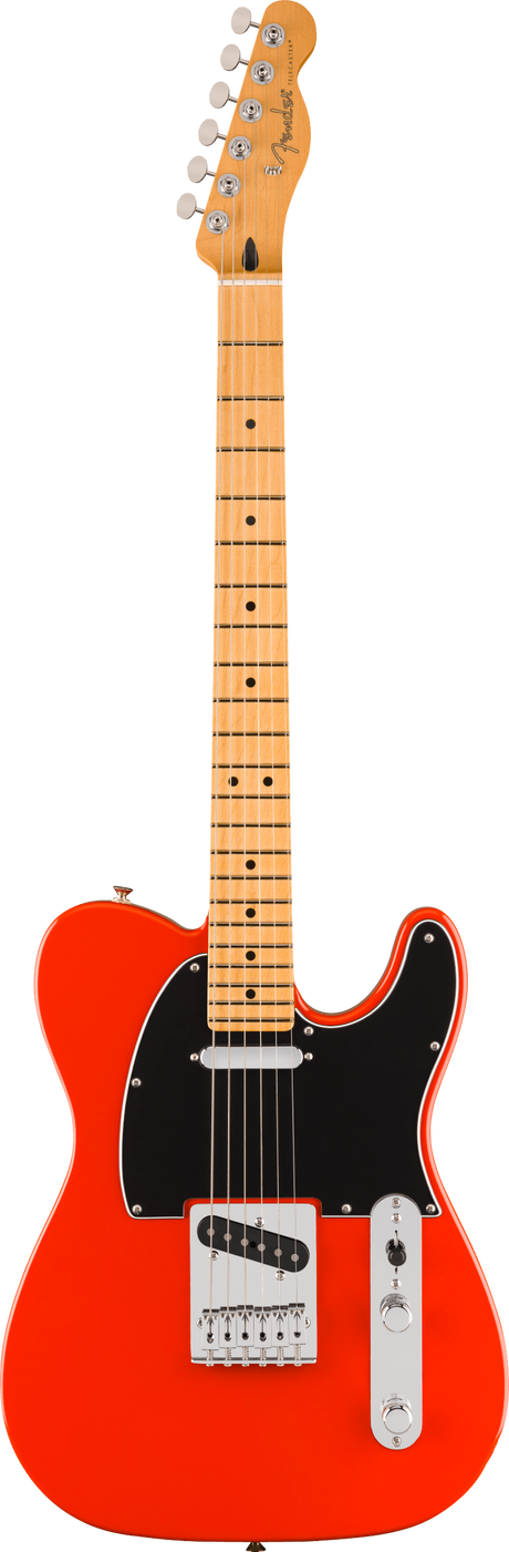 The image shows a Fender Telecaster-style electric guitar with a bright orange/red single-cutaway body, black pickguard, maple neck and fretboard with black dot inlays, chrome hardware, two single-coil pickups, traditional volume and tone controls, six strings, and a "Fender" logo on the headstock. This classic model is known for its bright, versatile tone popular in many music genres since the 1950s.