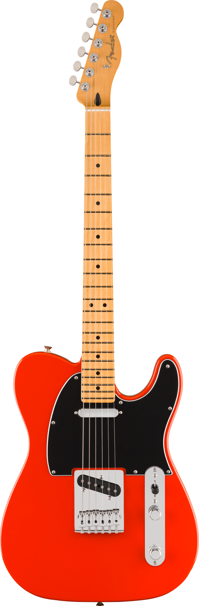 The image shows a Fender Telecaster-style electric guitar with a bright orange/red single-cutaway body, black pickguard, maple neck and fretboard with black dot inlays, chrome hardware, two single-coil pickups, traditional volume and tone controls, six strings, and a "Fender" logo on the headstock. This classic model is known for its bright, versatile tone popular in many music genres since the 1950s.