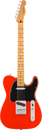 The image shows a Fender Telecaster-style electric guitar with a bright orange/red single-cutaway body, black pickguard, maple neck and fretboard with black dot inlays, chrome hardware, two single-coil pickups, traditional volume and tone controls, six strings, and a "Fender" logo on the headstock. This classic model is known for its bright, versatile tone popular in many music genres since the 1950s.