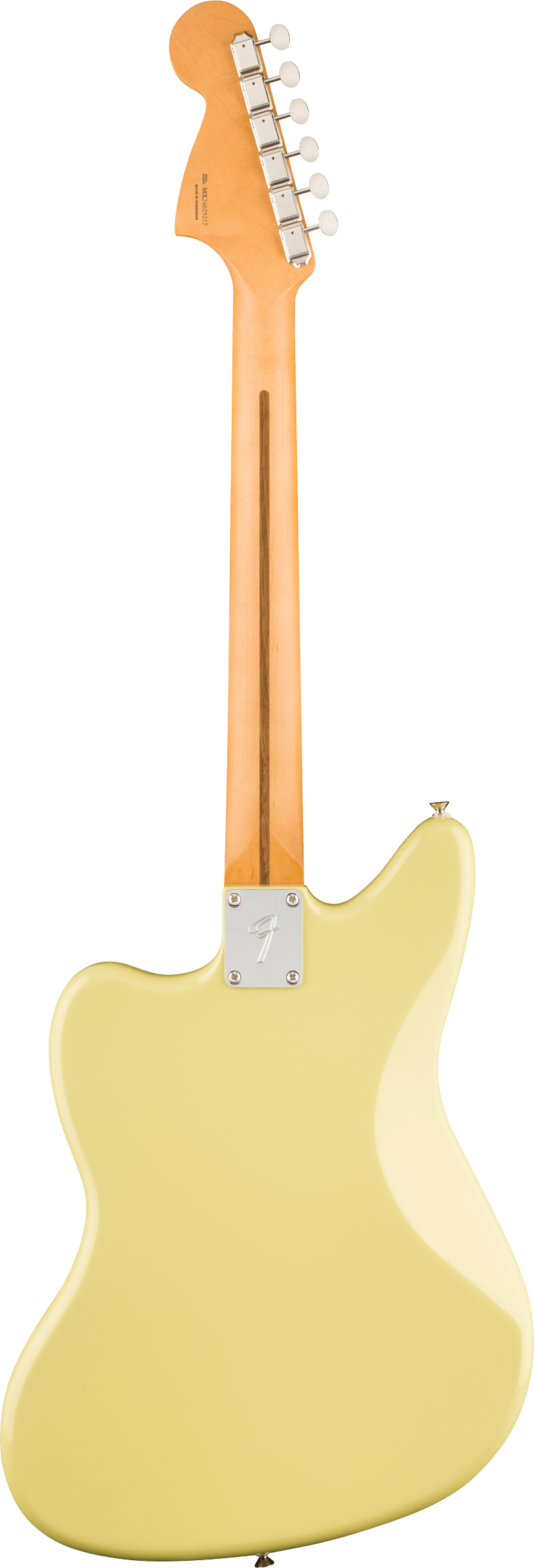 The image shows the back of a Fender-style electric guitar featuring a maple neck with a skunk stripe, a metal neck plate with the Fender logo, and a cream or vintage white offset body. The headstock has six inline tuning pegs. The design and bolt-on neck suggest it’s a classic Jazzmaster or Jaguar model, highlighting traditional Fender craftsmanship and vintage aesthetics.
