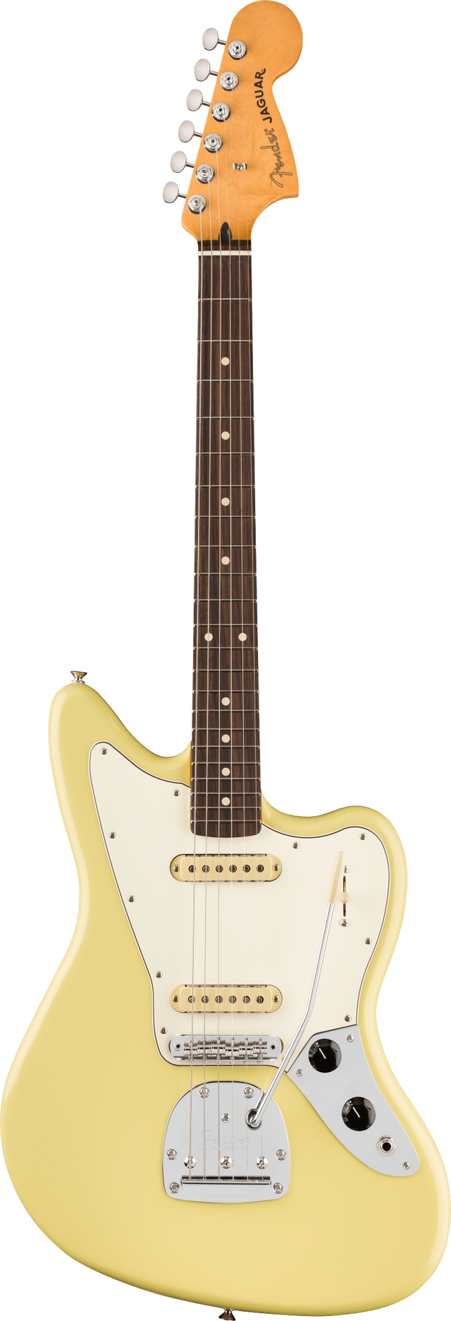 The image shows a Fender Jaguar electric guitar with its iconic offset body, cream single-coil pickups, white pickguard, multiple switches, rosewood fretboard with dot inlays, vintage-style tuning pegs, and a light yellow/cream finish. The "Jaguar" logo is visible on the headstock. Known for its 24" scale and unique tremolo, this classic model is popular among indie and surf rock musicians.