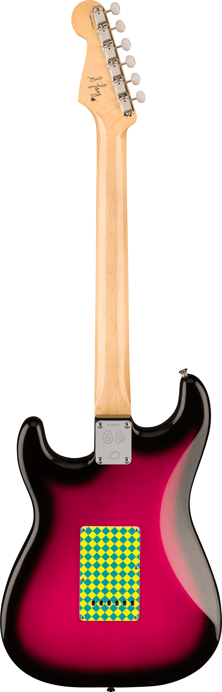 The image shows the back of a Stratocaster-style electric guitar with a natural wood headstock featuring 6 chrome tuning pegs with cream buttons. The neck is light-colored wood, attached to a contoured body with a pink-to-black sunburst finish. A chrome neck plate secures the neck. A small yellow and green diamond sticker is on the lower body. A signature or logo is visible on the headstock, and the guitar has a glossy, high-quality finish.