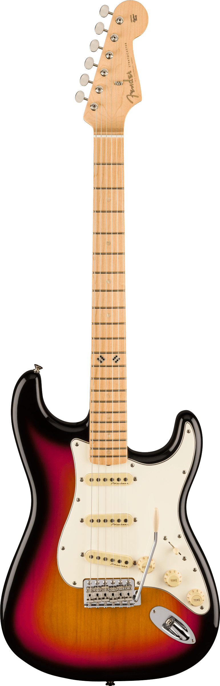 The image shows a Fender Stratocaster electric guitar with a sunburst finish and white pickguard. It features a contoured double-cutaway body, three single-coil pickups with white covers, chrome hardware, and a tremolo bridge. The maple neck has standard fret markers and a six-in-line headstock displaying the Fender logo. This classic, versatile design is iconic since the 1950s.