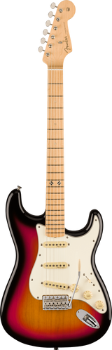The image shows a Fender Stratocaster electric guitar with a sunburst finish and white pickguard. It features a contoured double-cutaway body, three single-coil pickups with white covers, chrome hardware, and a tremolo bridge. The maple neck has standard fret markers and a six-in-line headstock displaying the Fender logo. This classic, versatile design is iconic since the 1950s.