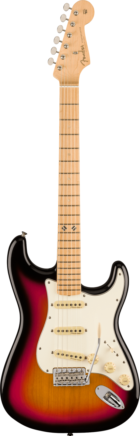 The image shows a Fender Stratocaster electric guitar with a sunburst finish and white pickguard. It features a contoured double-cutaway body, three single-coil pickups with white covers, chrome hardware, and a tremolo bridge. The maple neck has standard fret markers and a six-in-line headstock displaying the Fender logo. This classic, versatile design is iconic since the 1950s.