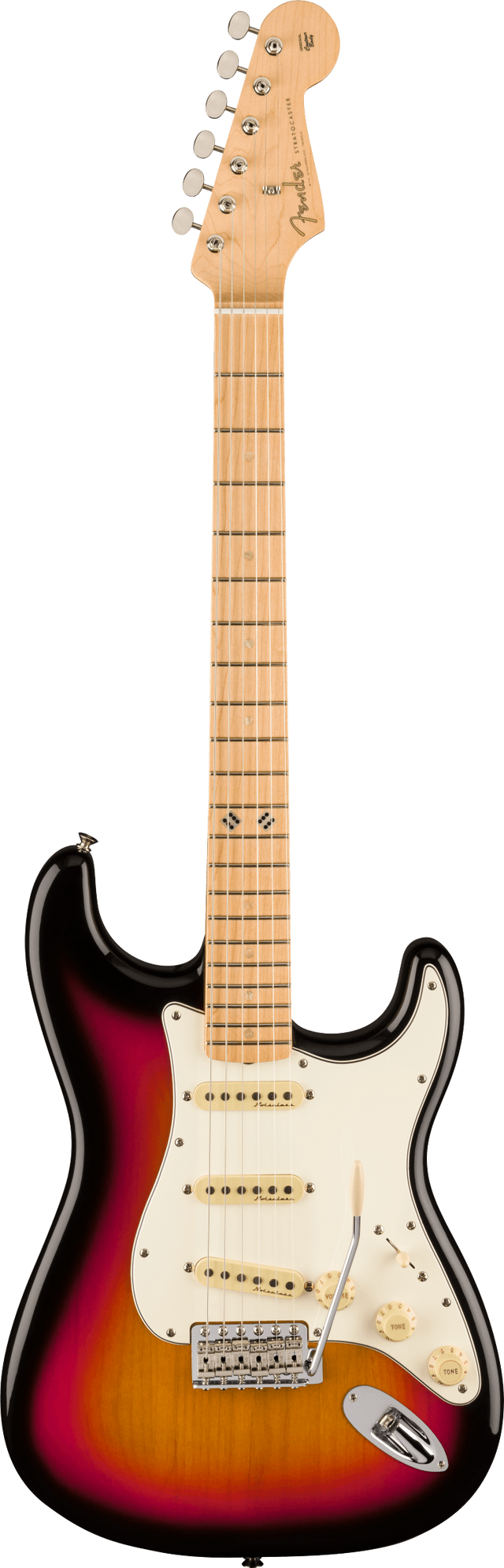 The image shows a Fender Stratocaster electric guitar with a sunburst finish and white pickguard. It features a contoured double-cutaway body, three single-coil pickups with white covers, chrome hardware, and a tremolo bridge. The maple neck has standard fret markers and a six-in-line headstock displaying the Fender logo. This classic, versatile design is iconic since the 1950s.