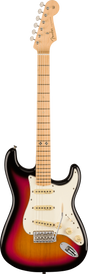 The image shows a Fender Stratocaster electric guitar with a sunburst finish and white pickguard. It features a contoured double-cutaway body, three single-coil pickups with white covers, chrome hardware, and a tremolo bridge. The maple neck has standard fret markers and a six-in-line headstock displaying the Fender logo. This classic, versatile design is iconic since the 1950s.