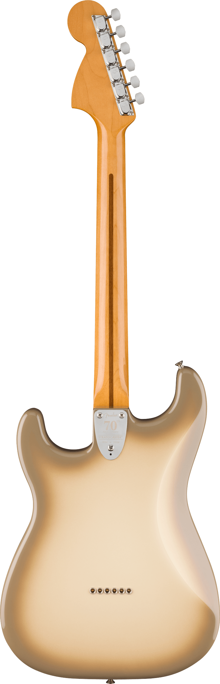The image shows the back of a Fender Stratocaster-style electric guitar with a cream/blonde finish. It features a maple neck with a natural finish, six chrome tuning pegs in a 6-in-line headstock, a bolt-on neck with a visible neck plate, and a routed cavity for a tremolo system. The guitar has the classic contoured Stratocaster body and clean construction, suggesting a modern production model.