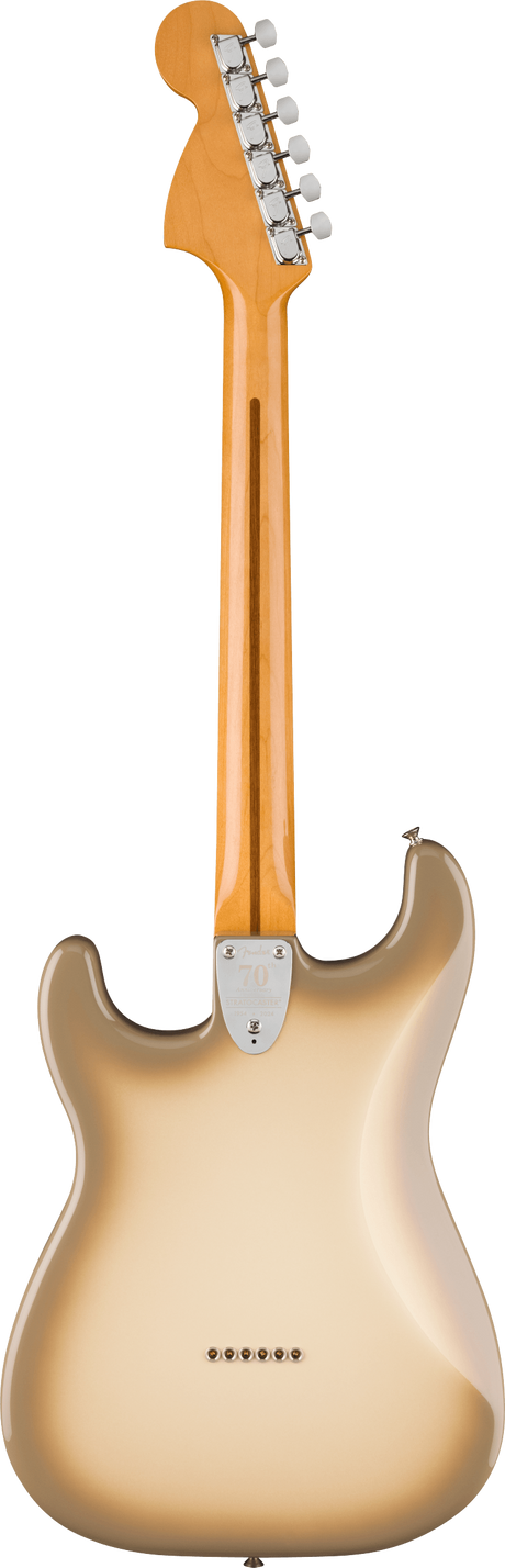 The image shows the back of a Fender Stratocaster-style electric guitar with a cream/blonde finish. It features a maple neck with a natural finish, six chrome tuning pegs in a 6-in-line headstock, a bolt-on neck with a visible neck plate, and a routed cavity for a tremolo system. The guitar has the classic contoured Stratocaster body and clean construction, suggesting a modern production model.