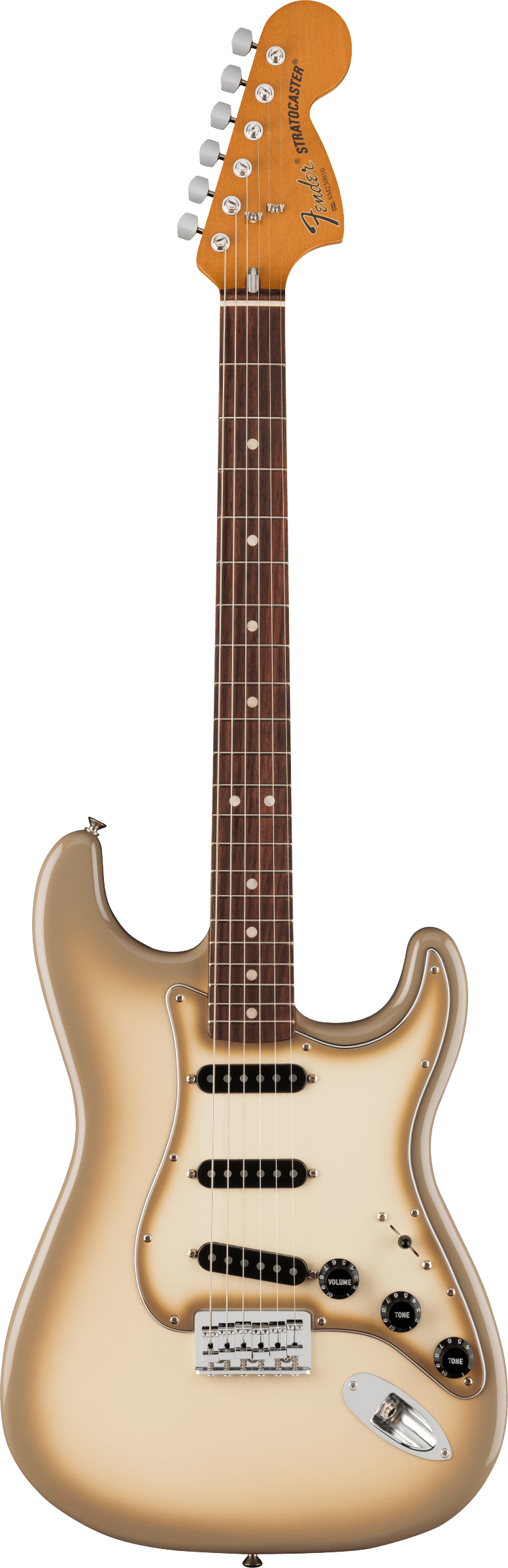 The image shows a classic Fender Stratocaster electric guitar with its iconic headstock featuring "Fender" and "STRATOCASTER" branding. It has six chrome tuning pegs, a contoured double-cutaway body with a sunburst or champagne finish, three single-coil pickups, standard volume and tone controls, a white tremolo bridge, and a rosewood fingerboard with dot inlays.