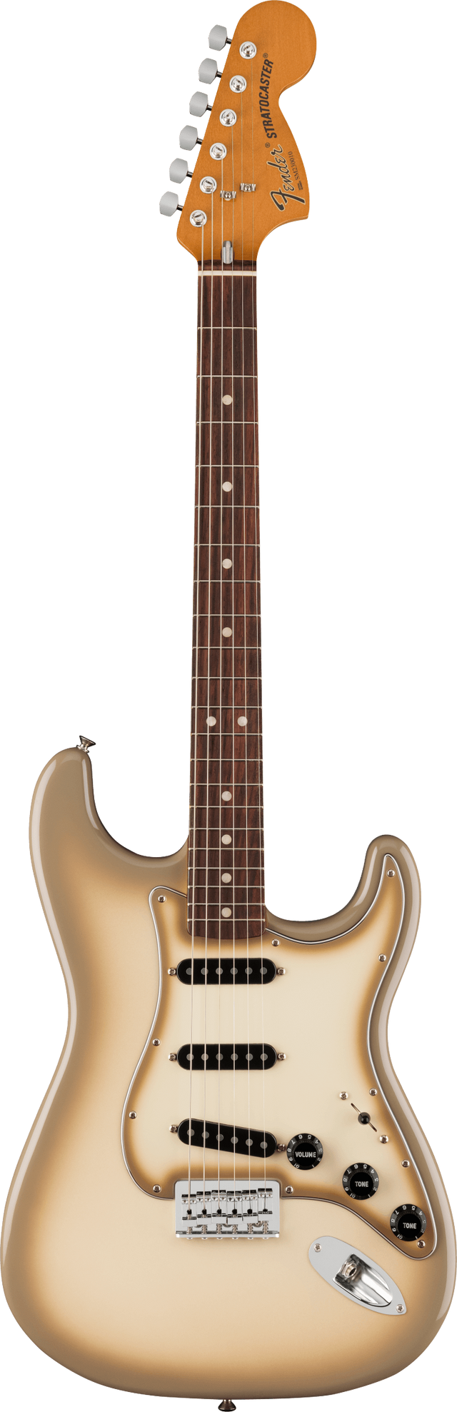 The image shows a classic Fender Stratocaster electric guitar with its iconic headstock featuring "Fender" and "STRATOCASTER" branding. It has six chrome tuning pegs, a contoured double-cutaway body with a sunburst or champagne finish, three single-coil pickups, standard volume and tone controls, a white tremolo bridge, and a rosewood fingerboard with dot inlays.