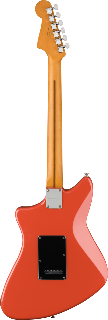 The image shows the back of a modern electric guitar with a natural maple neck and headstock featuring six chrome tuning pegs in a line, typical of Fender styles. The body is a glossy bright red-orange with an angular, offset shape reminiscent of a Jazzmaster. Visible hardware includes chrome tuning machines, a rectangular neck plate, and a black back cavity cover. The guitar combines classic Fender-inspired design with a vibrant finish.