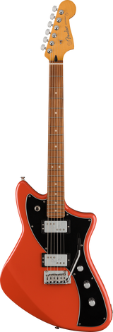 The image shows a Fender Jazzmaster electric guitar with a bright orange/coral offset body and black pickguard. It has two chrome humbucking pickups, chrome bridge and tailpiece, three control knobs, and a toggle switch on the upper horn. The maple headstock features the Fender logo and six chrome tuners. The rosewood fretboard has dot inlays. This modern take blends vintage design with updated playability.