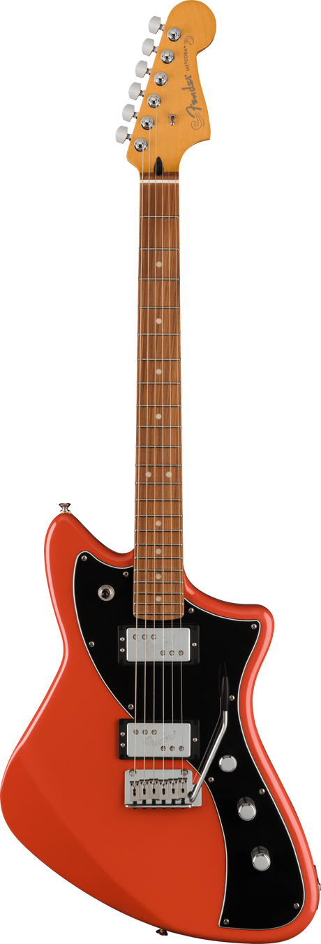 The image shows a Fender Jazzmaster electric guitar with a bright orange/coral offset body and black pickguard. It has two chrome humbucking pickups, chrome bridge and tailpiece, three control knobs, and a toggle switch on the upper horn. The maple headstock features the Fender logo and six chrome tuners. The rosewood fretboard has dot inlays. This modern take blends vintage design with updated playability.
