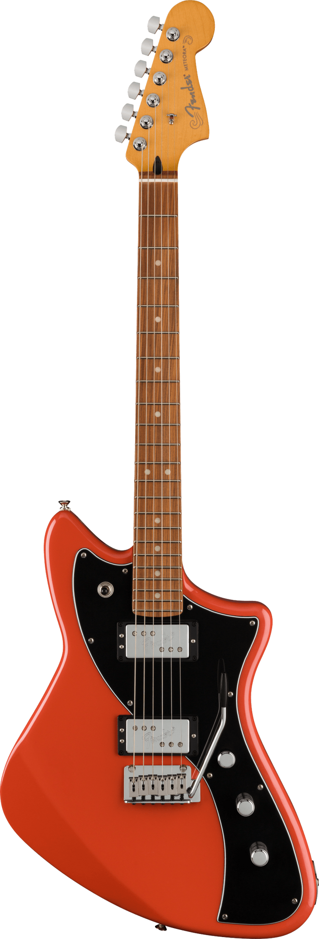 The image shows a Fender Jazzmaster electric guitar with a bright orange/coral offset body and black pickguard. It has two chrome humbucking pickups, chrome bridge and tailpiece, three control knobs, and a toggle switch on the upper horn. The maple headstock features the Fender logo and six chrome tuners. The rosewood fretboard has dot inlays. This modern take blends vintage design with updated playability.