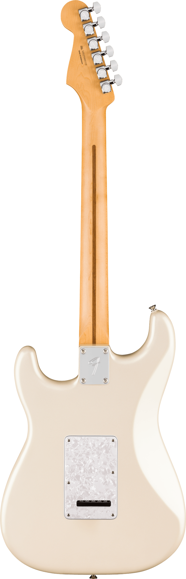 The image shows the back of a Fender Stratocaster-style electric guitar with a maple neck and bolt-on construction. It features a natural maple headstock with six chrome tuning pegs in a row, a cream vintage white body with classic Stratocaster contours, a white plastic back cavity cover, and chrome hardware including the neck plate with a Fender logo.