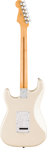 The image shows the back of a Fender Stratocaster-style electric guitar with a maple neck and bolt-on construction. It features a natural maple headstock with six chrome tuning pegs in a row, a cream vintage white body with classic Stratocaster contours, a white plastic back cavity cover, and chrome hardware including the neck plate with a Fender logo.