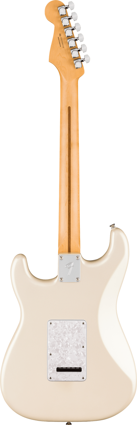 The image shows the back of a Fender Stratocaster-style electric guitar with a maple neck and bolt-on construction. It features a natural maple headstock with six chrome tuning pegs in a row, a cream vintage white body with classic Stratocaster contours, a white plastic back cavity cover, and chrome hardware including the neck plate with a Fender logo.