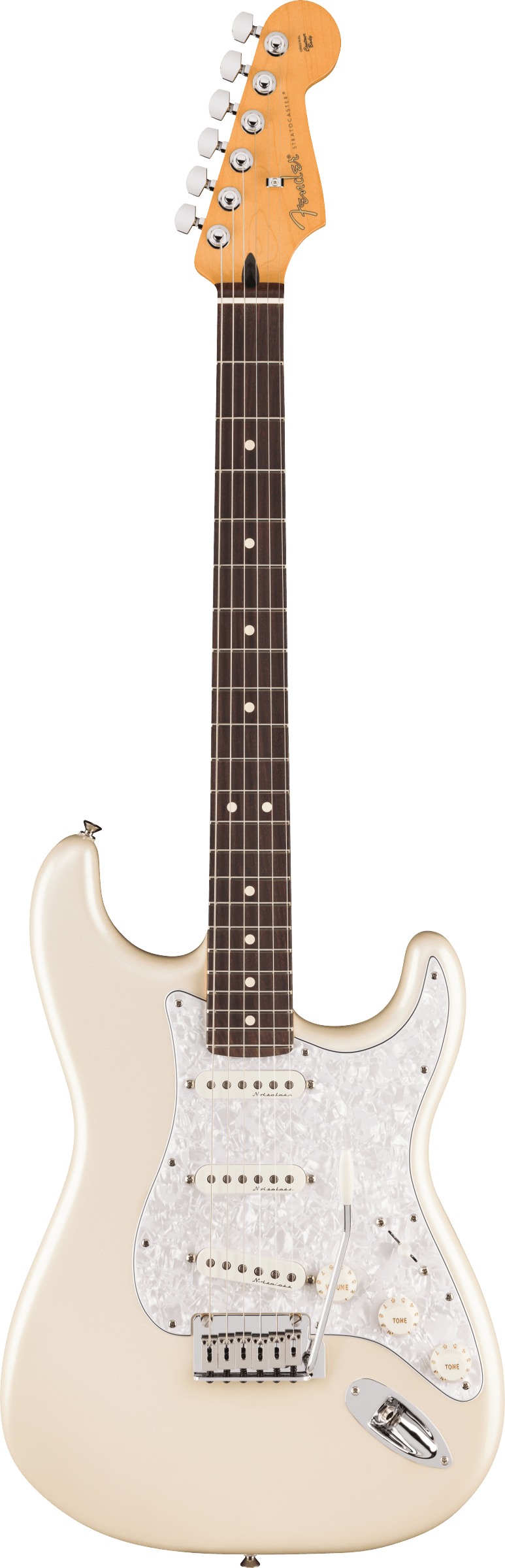 The image shows a Fender Stratocaster electric guitar with a cream/vintage white body, classic double cutaway shape, maple headstock with Fender logo, six chrome tuning pegs, dark rosewood fretboard with dot markers, white pearloid pickguard, three single-coil pickups, and a white tremolo bridge. This iconic model is known for its bright, versatile tone popular across many music genres.