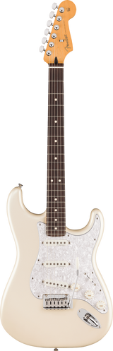 The image shows a Fender Stratocaster electric guitar with a cream/vintage white body, classic double cutaway shape, maple headstock with Fender logo, six chrome tuning pegs, dark rosewood fretboard with dot markers, white pearloid pickguard, three single-coil pickups, and a white tremolo bridge. This iconic model is known for its bright, versatile tone popular across many music genres.