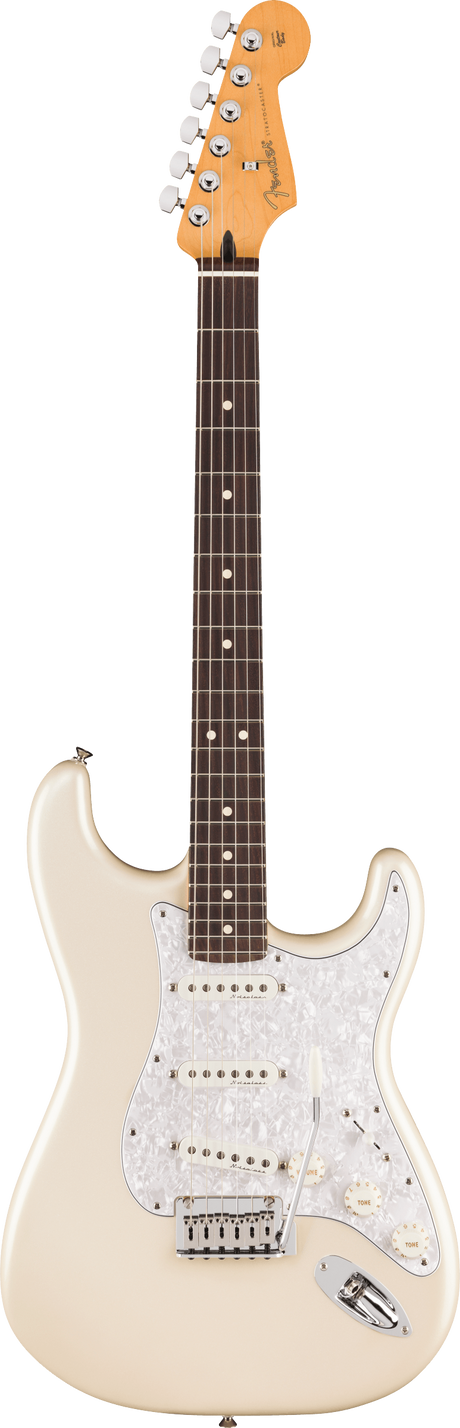 The image shows a Fender Stratocaster electric guitar with a cream/vintage white body, classic double cutaway shape, maple headstock with Fender logo, six chrome tuning pegs, dark rosewood fretboard with dot markers, white pearloid pickguard, three single-coil pickups, and a white tremolo bridge. This iconic model is known for its bright, versatile tone popular across many music genres.