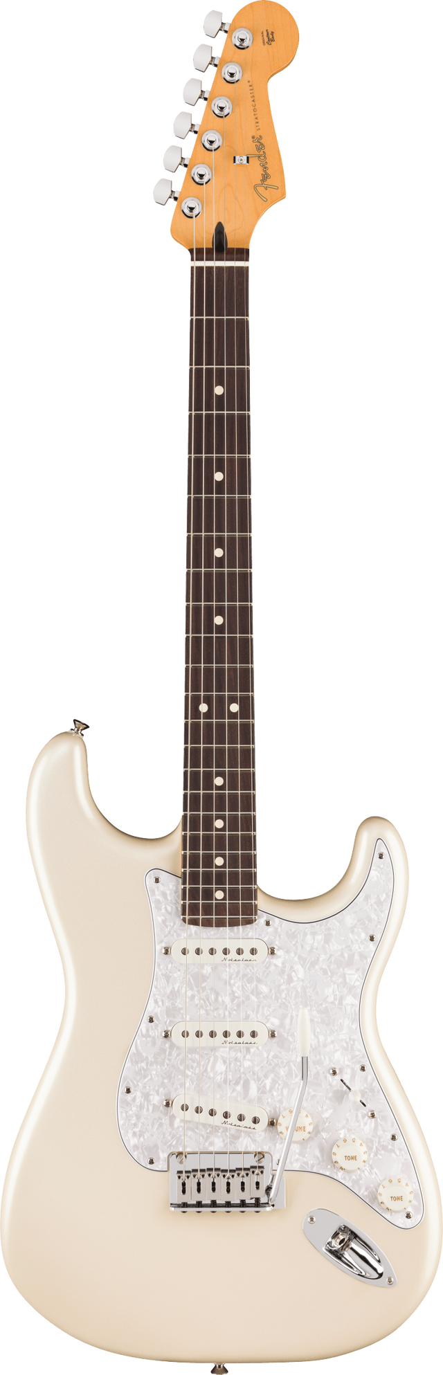 The image shows a Fender Stratocaster electric guitar with a cream/vintage white body, classic double cutaway shape, maple headstock with Fender logo, six chrome tuning pegs, dark rosewood fretboard with dot markers, white pearloid pickguard, three single-coil pickups, and a white tremolo bridge. This iconic model is known for its bright, versatile tone popular across many music genres.