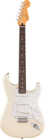 The image shows a Fender Stratocaster electric guitar with a cream/vintage white body, classic double cutaway shape, maple headstock with Fender logo, six chrome tuning pegs, dark rosewood fretboard with dot markers, white pearloid pickguard, three single-coil pickups, and a white tremolo bridge. This iconic model is known for its bright, versatile tone popular across many music genres.