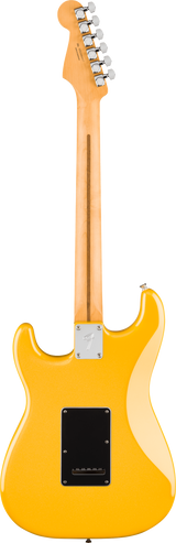 The image shows the back of a bright yellow Fender Stratocaster-style electric guitar with a glossy contoured body. It features a maple bolt-on neck with a natural satin finish, chrome tuning pegs in a 6-in-line headstock, a silver neck plate, and a black back cavity cover. The hardware is chrome or nickel-plated, highlighting this classic, timeless design known for its versatile sound and playability.