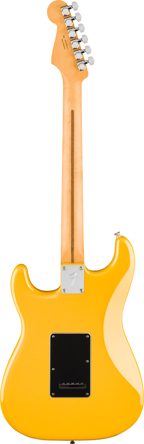 The image shows the back of a bright yellow Fender Stratocaster-style electric guitar with a glossy contoured body. It features a maple bolt-on neck with a natural satin finish, chrome tuning pegs in a 6-in-line headstock, a silver neck plate, and a black back cavity cover. The hardware is chrome or nickel-plated, highlighting this classic, timeless design known for its versatile sound and playability.