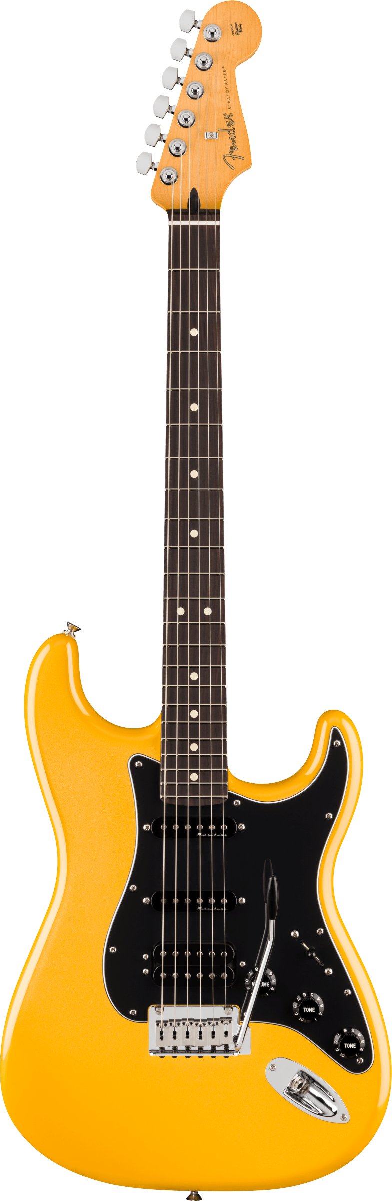 The image shows a Fender Stratocaster electric guitar with a bright yellow-orange glossy finish. It features the classic double-cutaway body, three single-coil pickups with a black pickguard, chrome hardware, and a synchronized tremolo bridge. The maple neck has a rosewood fretboard with dot inlays. The headstock bears the Fender logo and six chrome tuning pegs. This model resembles a vintage reissue of the iconic Stratocaster design.