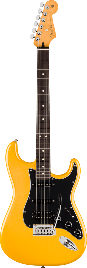 The image shows a Fender Stratocaster electric guitar with a bright yellow-orange glossy finish. It features the classic double-cutaway body, three single-coil pickups with a black pickguard, chrome hardware, and a synchronized tremolo bridge. The maple neck has a rosewood fretboard with dot inlays. The headstock bears the Fender logo and six chrome tuning pegs. This model resembles a vintage reissue of the iconic Stratocaster design.