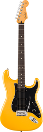 The image shows a Fender Stratocaster electric guitar with a bright yellow-orange glossy finish. It features the classic double-cutaway body, three single-coil pickups with a black pickguard, chrome hardware, and a synchronized tremolo bridge. The maple neck has a rosewood fretboard with dot inlays. The headstock bears the Fender logo and six chrome tuning pegs. This model resembles a vintage reissue of the iconic Stratocaster design.