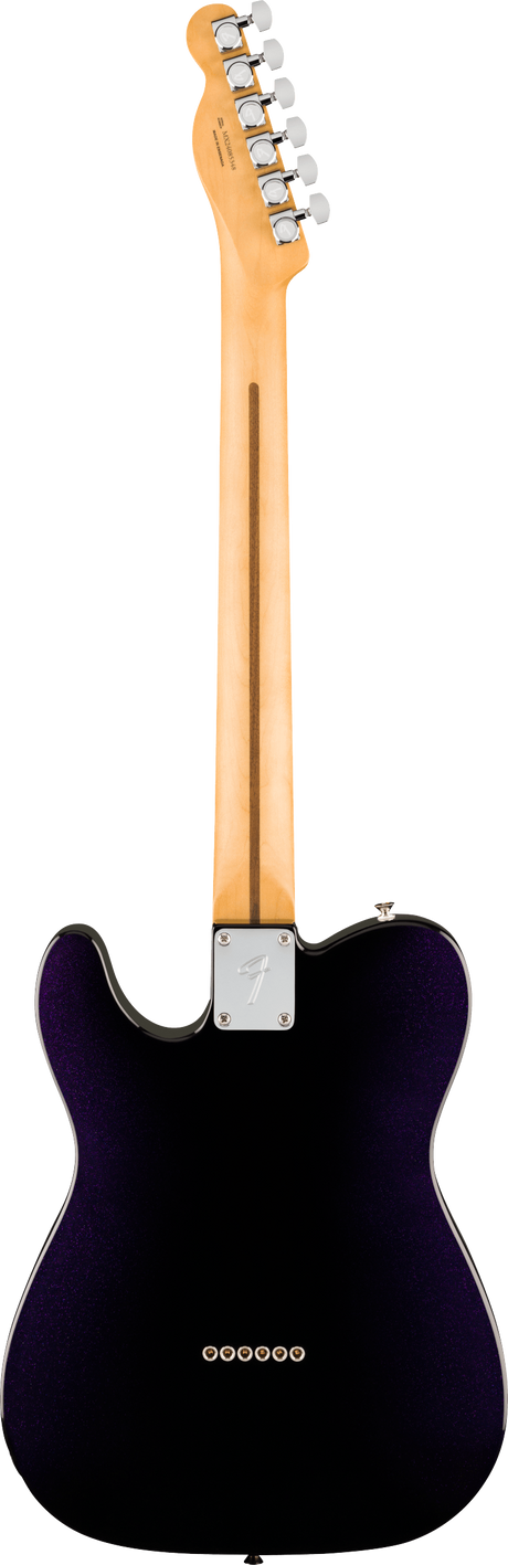 The image shows the back of a Telecaster-style electric guitar with a deep purple glossy body and classic single cutaway. It has a bolt-on maple neck with a dark skunk stripe, chrome tuning machines, and neck plate. String ferrules indicate through-body string mounting. The guitar has a clean, professional finish, blending modern features with traditional Telecaster design for both performance and style.