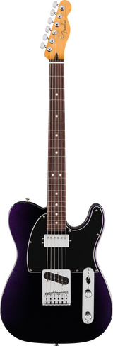 The image shows a Fender Telecaster electric guitar with a classic single cutaway body in dark purple metallic finish. It features a maple neck with the Fender logo on the headstock, rosewood fretboard with dot markers, two single-coil pickups, white pickguard, chrome tuning pegs, and a metal control plate with volume and tone knobs. This modern version retains the traditional Telecaster design and hardware.
