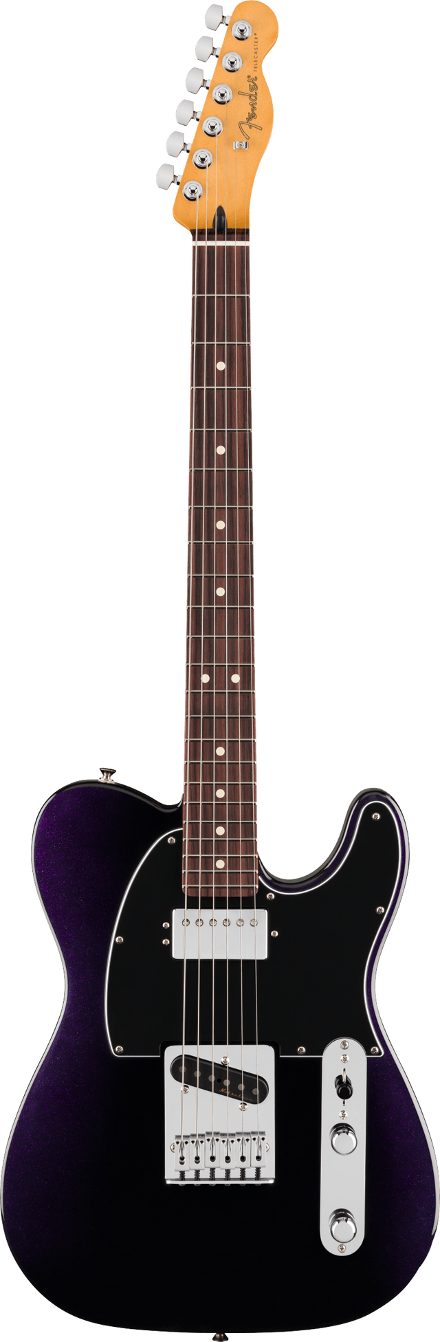 The image shows a Fender Telecaster electric guitar with a classic single cutaway body in dark purple metallic finish. It features a maple neck with the Fender logo on the headstock, rosewood fretboard with dot markers, two single-coil pickups, white pickguard, chrome tuning pegs, and a metal control plate with volume and tone knobs. This modern version retains the traditional Telecaster design and hardware.