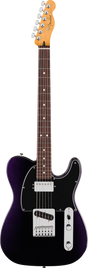 The image shows a Fender Telecaster electric guitar with a classic single cutaway body in dark purple metallic finish. It features a maple neck with the Fender logo on the headstock, rosewood fretboard with dot markers, two single-coil pickups, white pickguard, chrome tuning pegs, and a metal control plate with volume and tone knobs. This modern version retains the traditional Telecaster design and hardware.