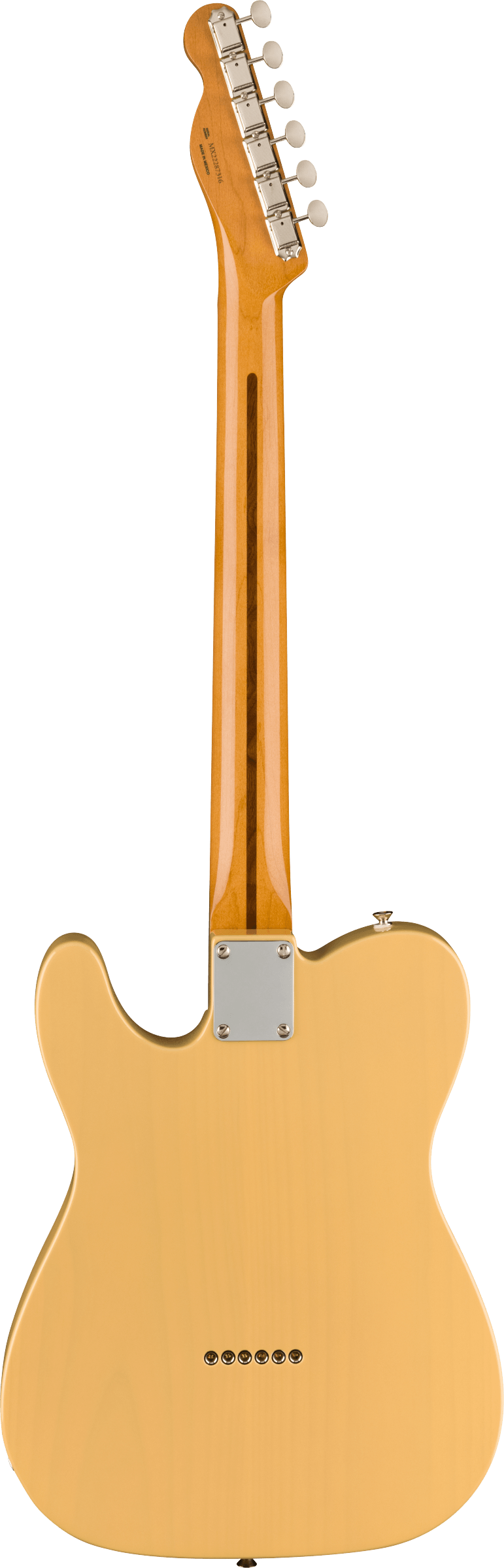 The image shows the back of a Telecaster-style electric guitar with a natural blonde finish. It features a solid body, maple neck and headstock with glossy finish, six inline chrome tuning machines, and a metal neck plate. The bridge is a string-through-body design with six holes for strings. The clear finish highlights the wood grain, showcasing a classic, high-quality instrument design.