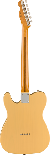 The image shows the back of a Telecaster-style electric guitar with a natural blonde finish. It features a solid body, maple neck and headstock with glossy finish, six inline chrome tuning machines, and a metal neck plate. The bridge is a string-through-body design with six holes for strings. The clear finish highlights the wood grain, showcasing a classic, high-quality instrument design.
